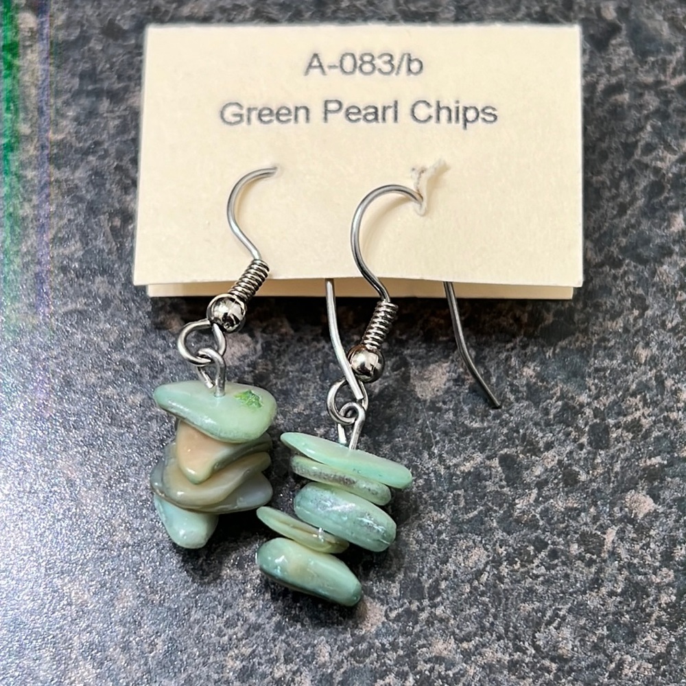 Green and silver pearl chip earrings